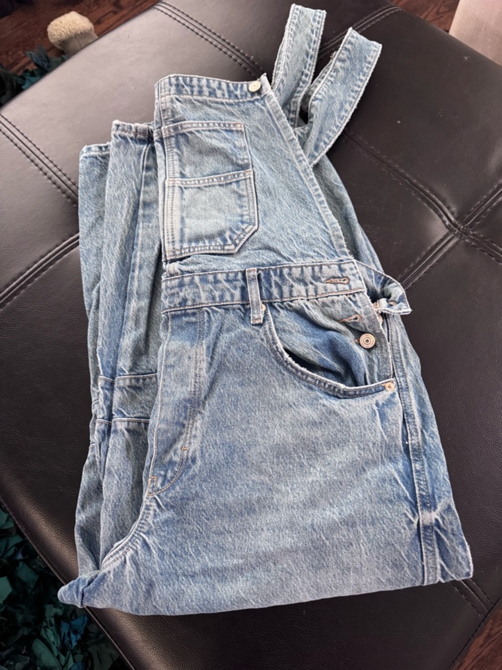 Free People Good Luck Barrel Light Wash Blue Denim Overalls